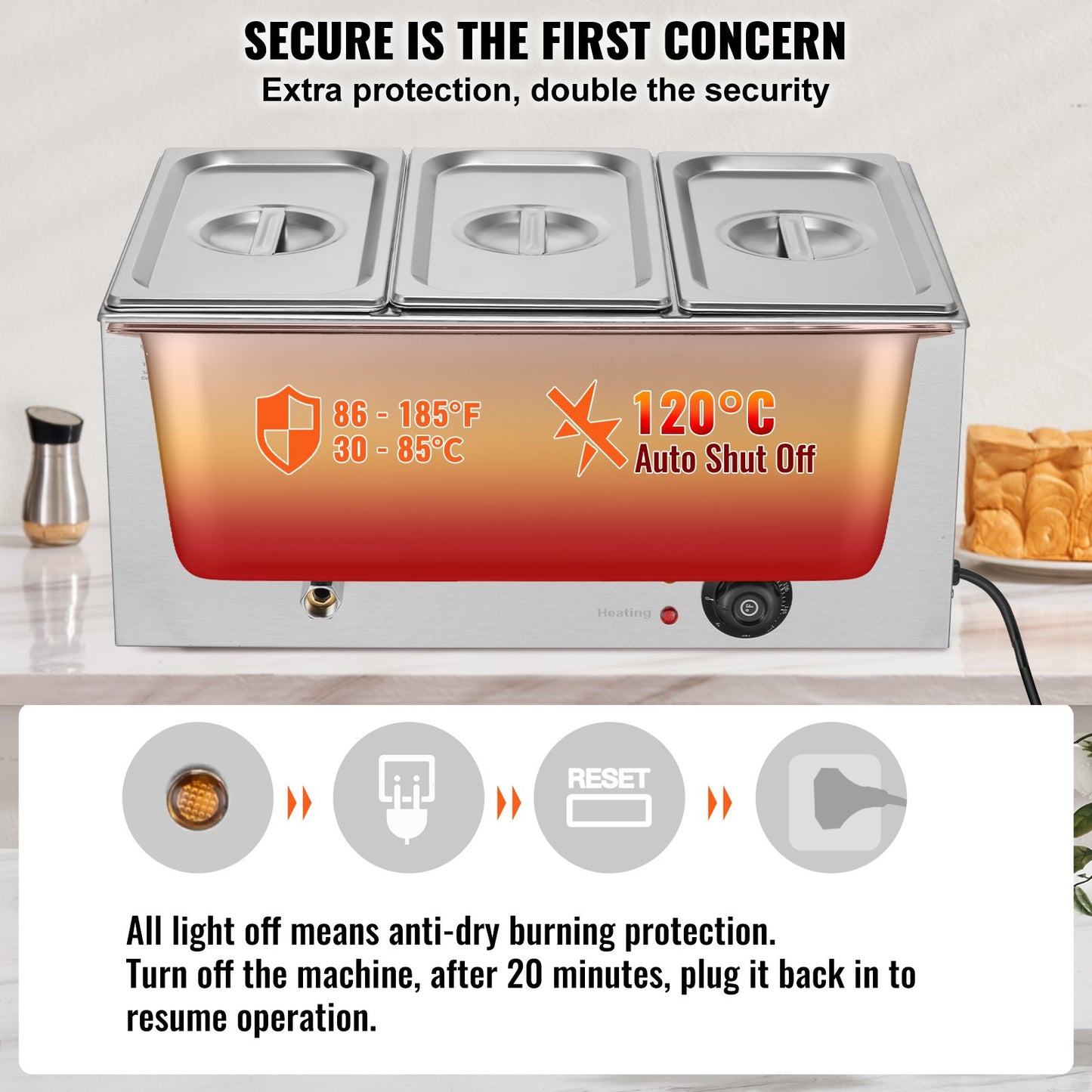 Commercial Electric Food Warmer 3-Pannen Bänkskiva Buffé 16,5L Bain Marie