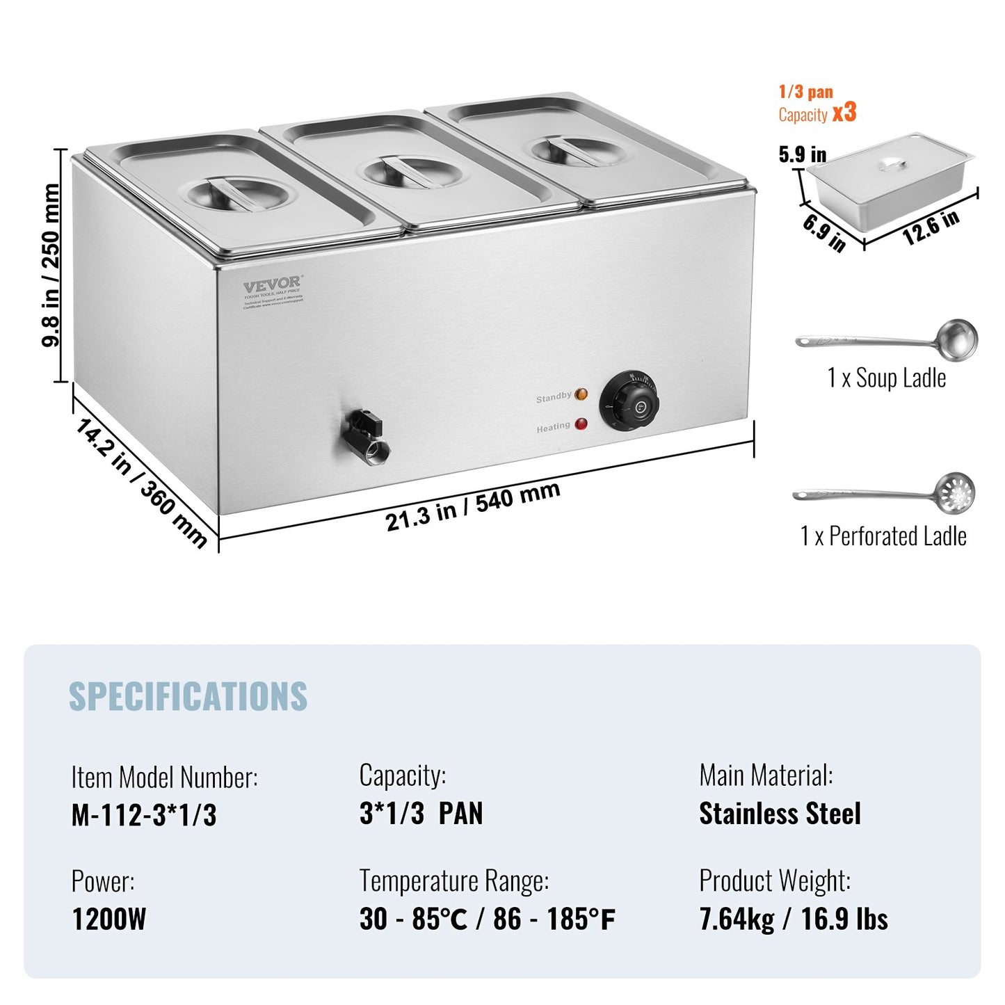 Commercial Electric Food Warmer 3-Pannen Bänkskiva Buffé 16,5L Bain Marie