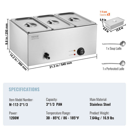 Commercial Electric Food Warmer 3-Pannen Bänkskiva Buffé 16,5L Bain Marie