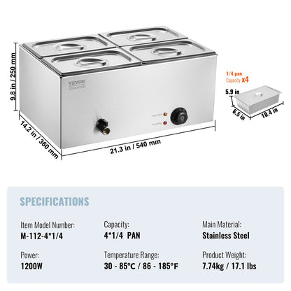 Commercial Electric Food Warmer 4-Pannen Bänkskiva Buffé 15L Bain Marie