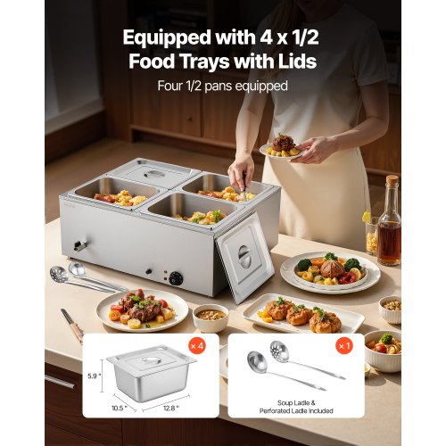 Gewerblicher Speisenwärmer mit 4 Pfannen, 1500 W, Arbeitsplatte, Buffet, Bain-Marie mit Deckel | EU