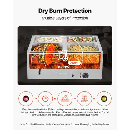 Gewerblicher Speisenwärmer mit 4 Pfannen, 1500 W, Arbeitsplatte, Buffet, Bain-Marie mit Deckel | EU