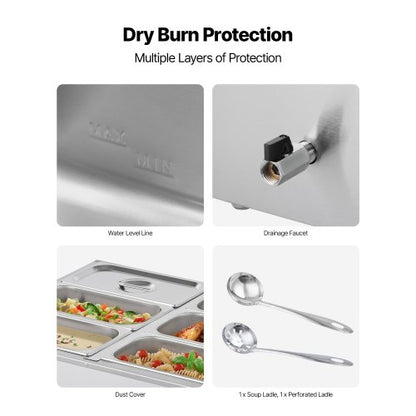 Gewerblicher Speisenwärmer mit 6 Pfannen, 1500 W, Arbeitsplatte, Buffet, Bain-Marie mit Deckel | EU