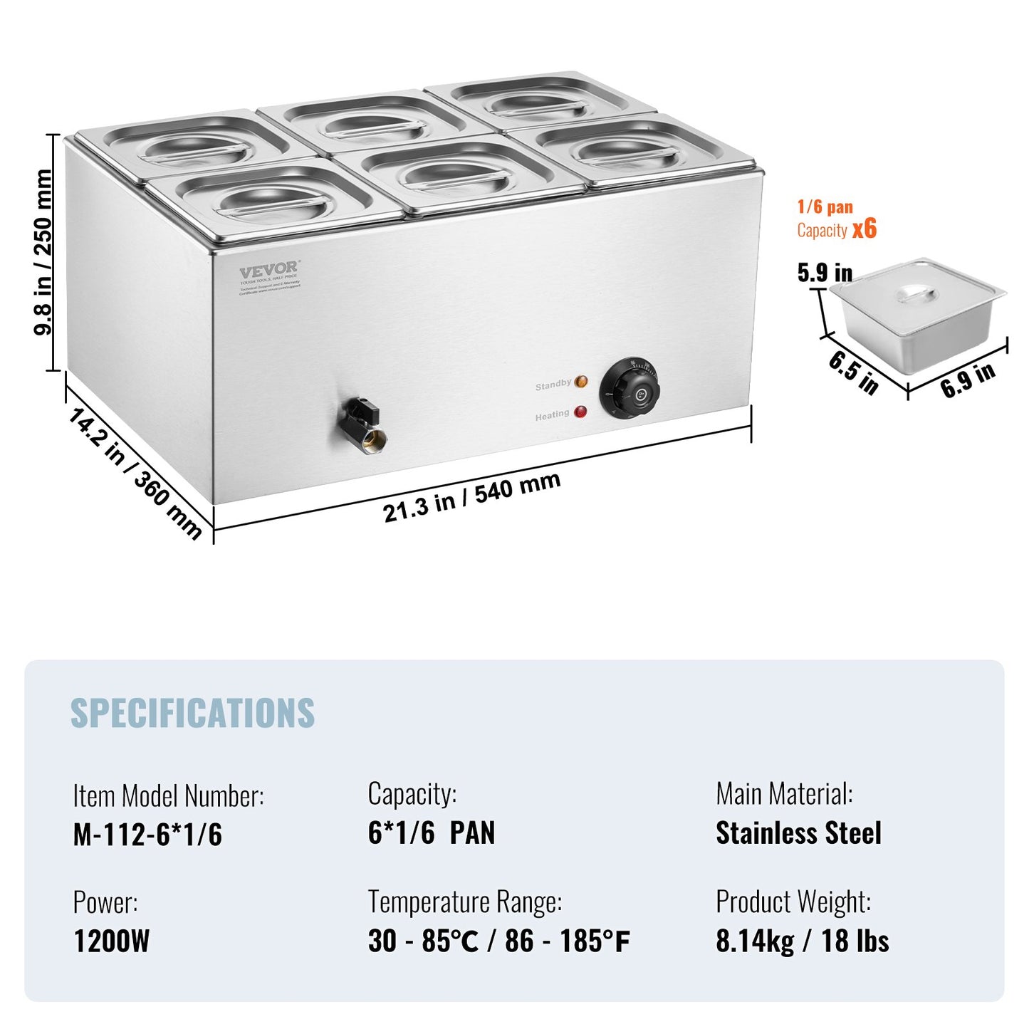 Commercial Electric Food Warmer 6-panna bänkbuffé 13,5L Bain Marie