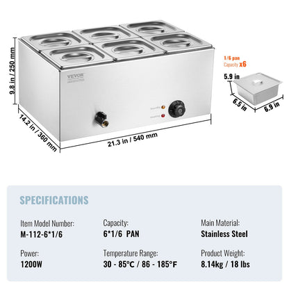 Commercial Electric Food Warmer 6-panna bänkbuffé 13,5L Bain Marie