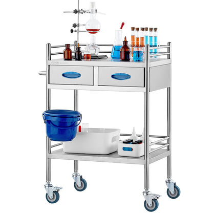 Lab serveringsvagn, 2-lagers rullvagn i rostfritt stål, medicinsk vagn med två lådor, tandvårdsvagn med låsbara hjul och en hink, för laboratorie-, sjukhus-, tandvårdsbruk