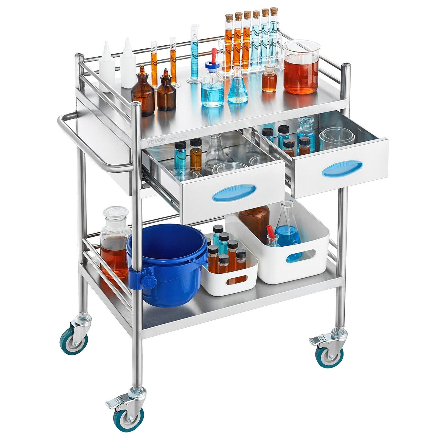 Lab serveringsvagn, 2-lagers rullvagn i rostfritt stål, medicinsk vagn med två lådor, tandvårdsvagn med låsbara hjul och en hink, för laboratorie-, sjukhus-, tandvårdsbruk