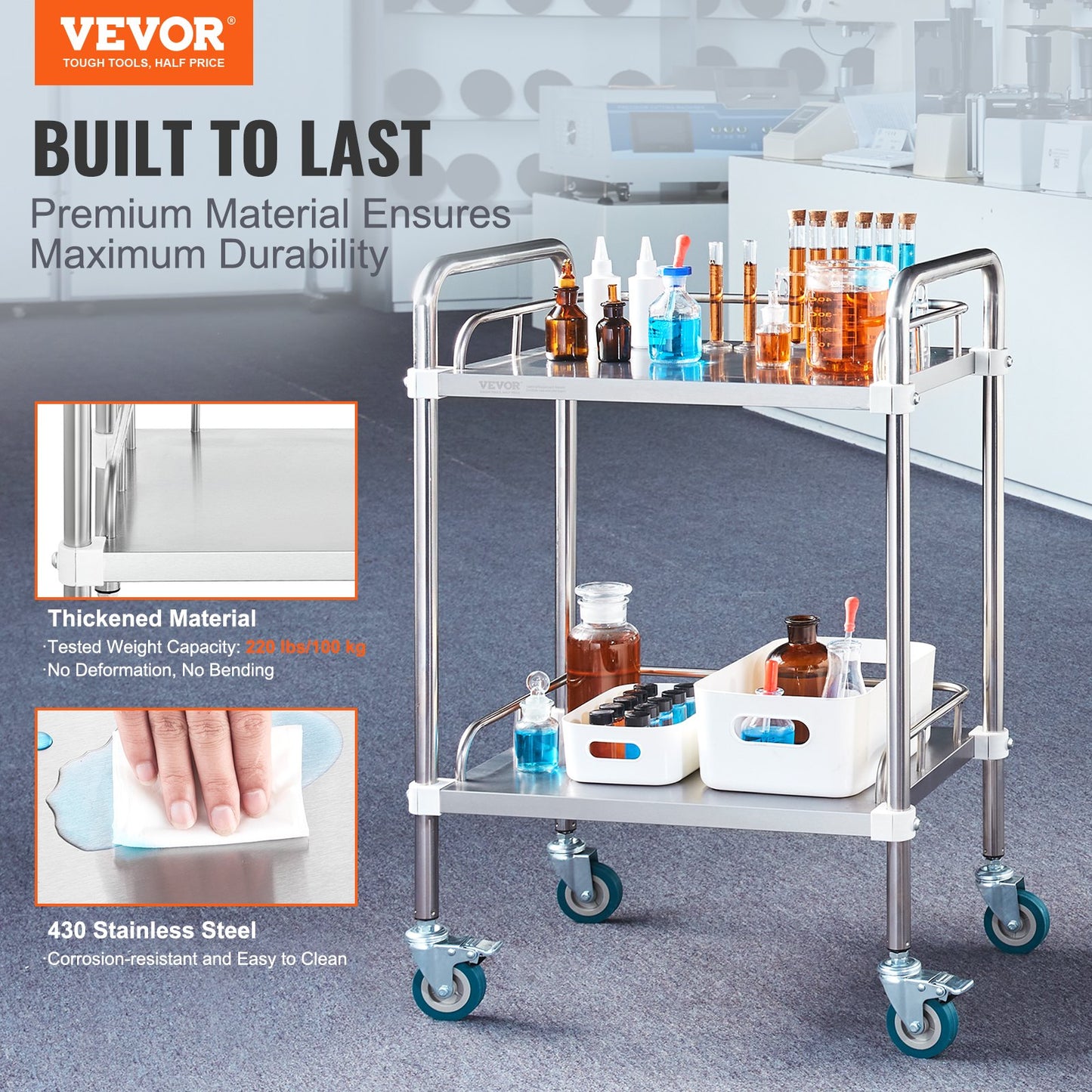 Lab Rolling Cart, 2-Shelf Stainless Steel Rolling Cart, Lab Serving Cart with Swivel Wheels, Dental Utility Cart for Clinic, Lab, Hospital, Salon, 15.16"x21.57"x34.06