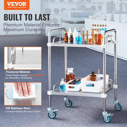 Lab Rolling Cart, 2-Shelf Stainless Steel Rolling Cart, Lab Serving Cart with Swivel Wheels, Dental Utility Cart for Clinic, Lab, Hospital, Salon, 15.16"x21.57"x34.06
