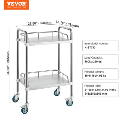 Lab Rolling Cart, 2-Shelf Stainless Steel Rolling Cart, Lab Serving Cart with Swivel Wheels, Dental Utility Cart for Clinic, Lab, Hospital, Salon, 15.16"x21.57"x34.06
