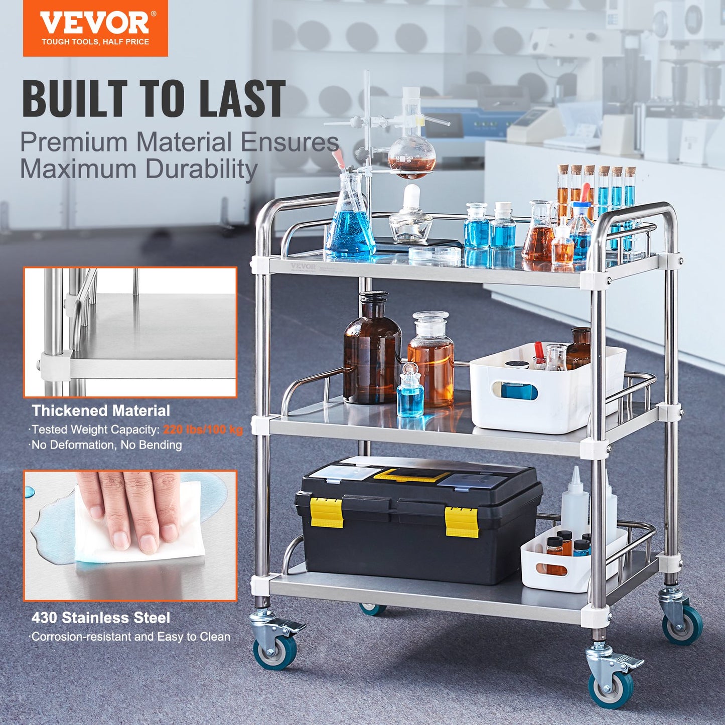 Lab Rolling Cart, 3-hylls rostfritt stål Rolling Cart, Lab Servering Cart med svängbara hjul, Dental Utility Cart för klinik, labb, sjukhus, salong, 26,38"x15,55"x34,13