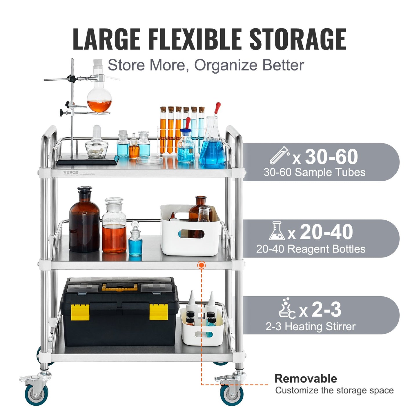 Lab Rolling Cart, 3-hylls rostfritt stål Rolling Cart, Lab Servering Cart med svängbara hjul, Dental Utility Cart för klinik, labb, sjukhus, salong, 26,38"x15,55"x34,13
