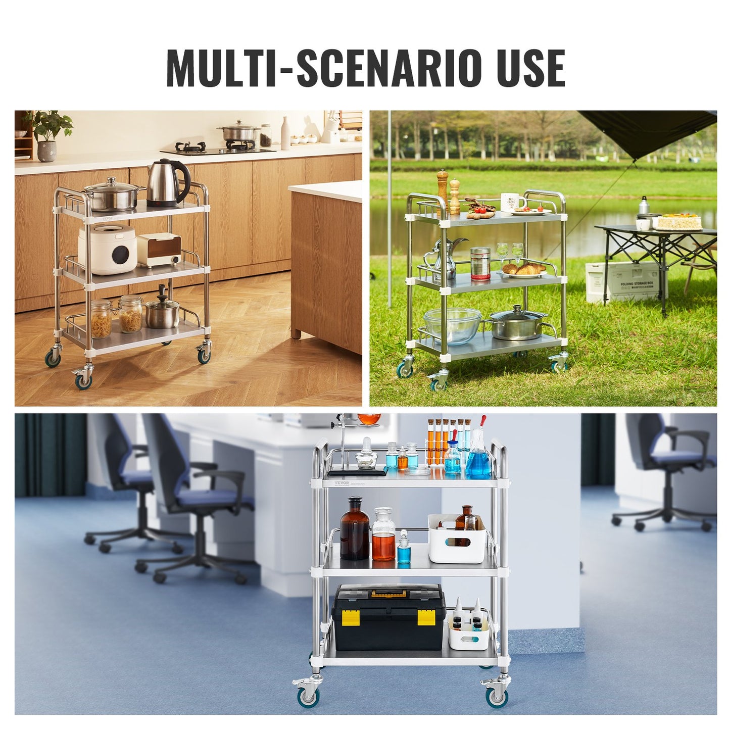 Lab Rolling Cart, 3-hylls rostfritt stål Rolling Cart, Lab Servering Cart med svängbara hjul, Dental Utility Cart för klinik, labb, sjukhus, salong, 26,38"x15,55"x34,13