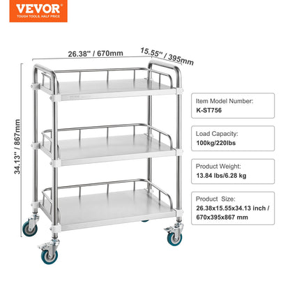 Lab Rolling Cart, 3-hylls rostfritt stål Rolling Cart, Lab Servering Cart med svängbara hjul, Dental Utility Cart för klinik, labb, sjukhus, salong, 26,38"x15,55"x34,13