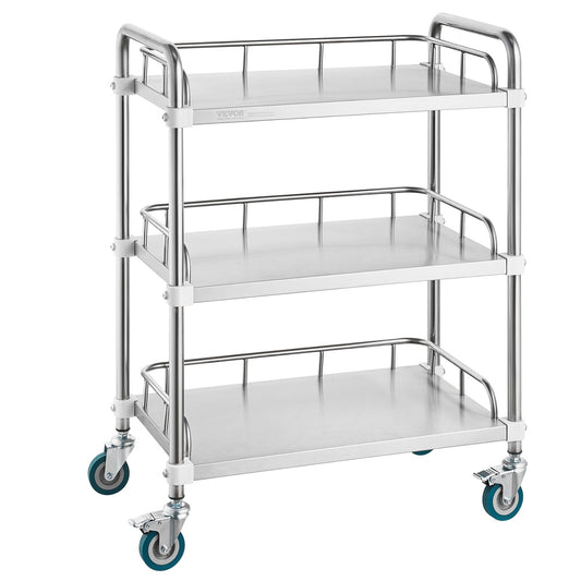 Lab Rolling Cart, 3-hylls rostfritt stål Rolling Cart, Lab Servering Cart med svängbara hjul, Dental Utility Cart för klinik, labb, sjukhus, salong, 26,38"x15,55"x34,13