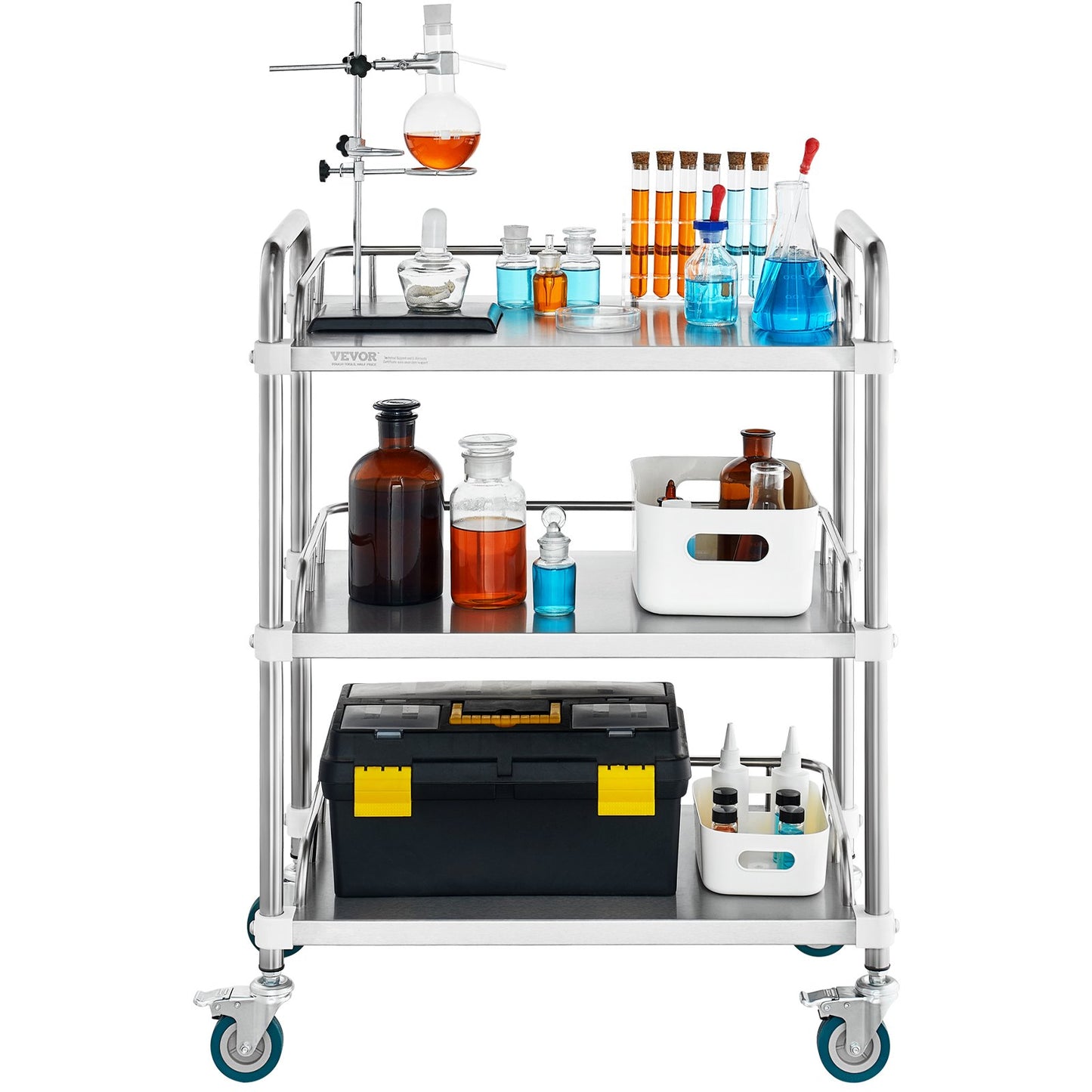 Lab Rolling Cart, 3-hylls rostfritt stål Rolling Cart, Lab Servering Cart med svängbara hjul, Dental Utility Cart för klinik, labb, sjukhus, salong, 26,38"x15,55"x34,13
