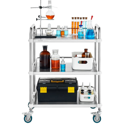 Lab Rolling Cart, 3-hylls rostfritt stål Rolling Cart, Lab Servering Cart med svängbara hjul, Dental Utility Cart för klinik, labb, sjukhus, salong, 26,38"x15,55"x34,13