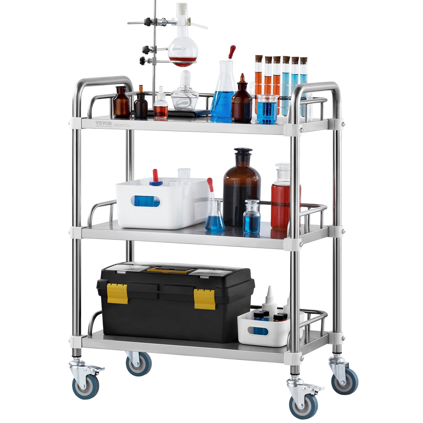 Lab Rolling Cart, 3-hylls rostfritt stål Rolling Cart, Lab Servering Cart med svängbara hjul, Dental Utility Cart för klinik, labb, sjukhus, salong, 26,38"x15,55"x34,13