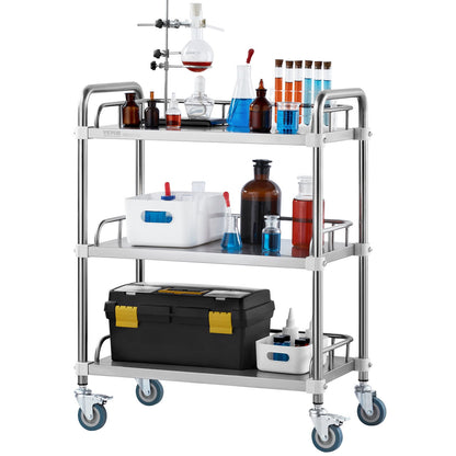 Lab Rolling Cart, 3-hylls rostfritt stål Rolling Cart, Lab Servering Cart med svängbara hjul, Dental Utility Cart för klinik, labb, sjukhus, salong, 26,38"x15,55"x34,13