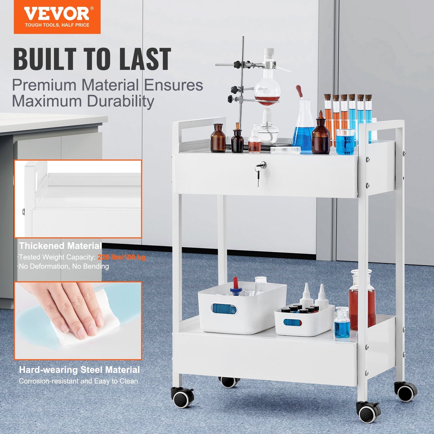 Lab cart, 2-tier stainless steel cart, medical cart with 2 drawers, rolling lab cart white color, serving cart with swivel wheels for laboratories, hospitals, dentistry, salon and beauty