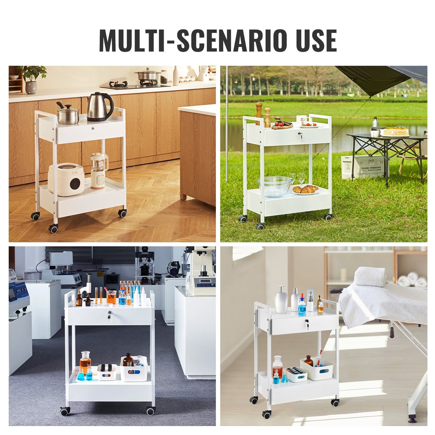 Lab cart, 2-tier stainless steel cart, medical cart with 2 drawers, rolling lab cart white color, serving cart with swivel wheels for laboratories, hospitals, dentistry, salon and beauty