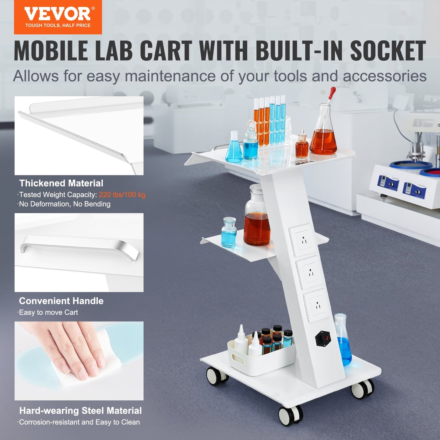 Trolley Cart Dental Lab Mobile Rolling Serving Cart 3 Layers with Outlets