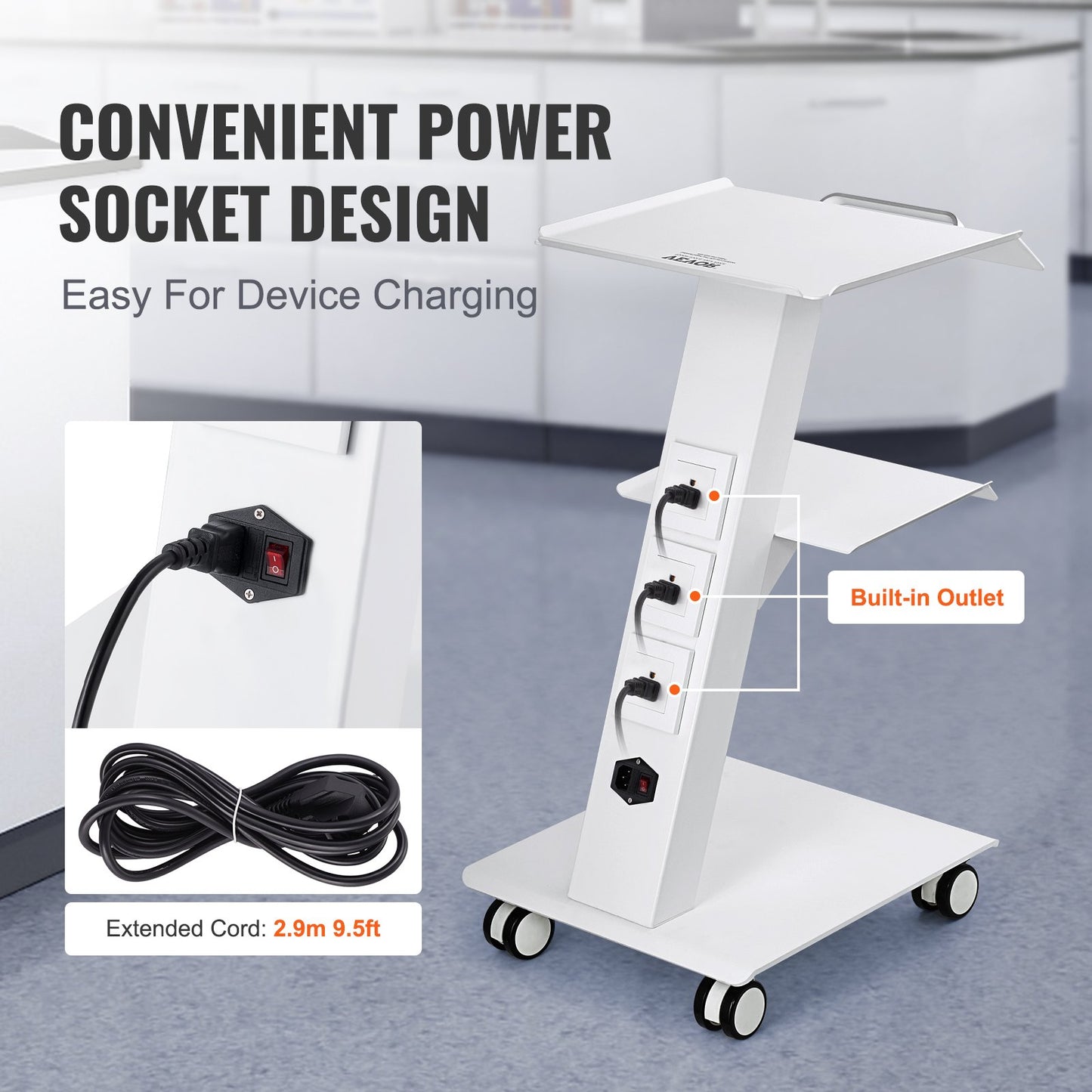Trolley Cart Dental Lab Mobile Rolling Serving Cart 3 Layers with Outlets