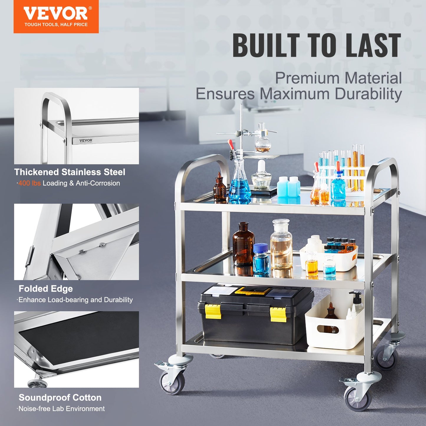 Stainless Steel Cart, 3 Layers Lab Cart 400 lbs Weight Capacity, Medical Cart with Lockable Universal Wheels, for Lab, Clinic, Kitchen, Salon