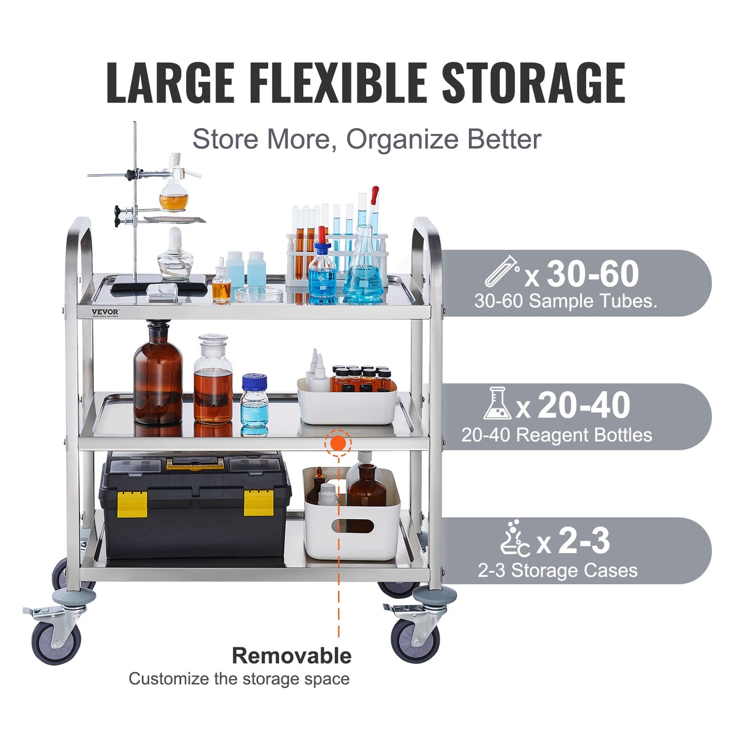 Stainless Steel Cart, 3 Layers Lab Cart 400 lbs Weight Capacity, Medical Cart with Lockable Universal Wheels, for Lab, Clinic, Kitchen, Salon