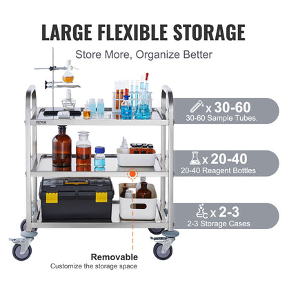 Stainless Steel Cart, 3 Layers Lab Cart 400 lbs Weight Capacity, Medical Cart with Lockable Universal Wheels, for Lab, Clinic, Kitchen, Salon