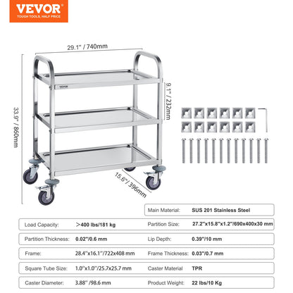 Stainless Steel Cart, 3 Layers Lab Cart 400 lbs Weight Capacity, Medical Cart with Lockable Universal Wheels, for Lab, Clinic, Kitchen, Salon