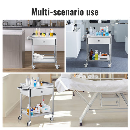 Medical Cart, 2-Tier Stainless Steel Trolley 220 lbs Weight Capacity, Lab Utility Cart with 360° Silent Wheels and a Drawer for Lab, Clinic, Kitchen, Salon