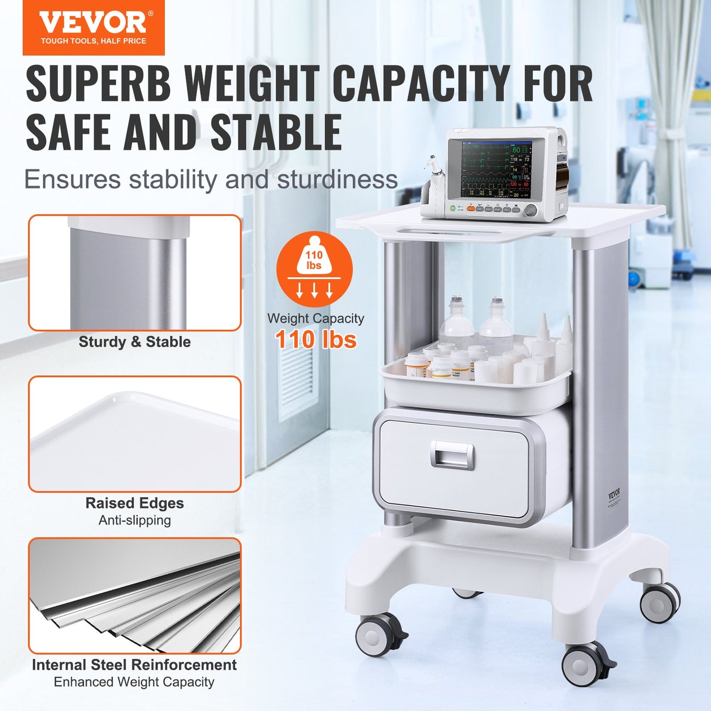 2 Tiers Lab Carts Mobil medicinsk vagn med 1 låda & 1 toppbricka Vit