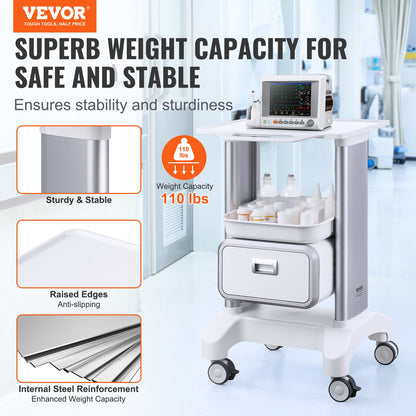 2 Tiers Lab Carts Mobil medicinsk vagn med 1 låda & 1 toppbricka Vit