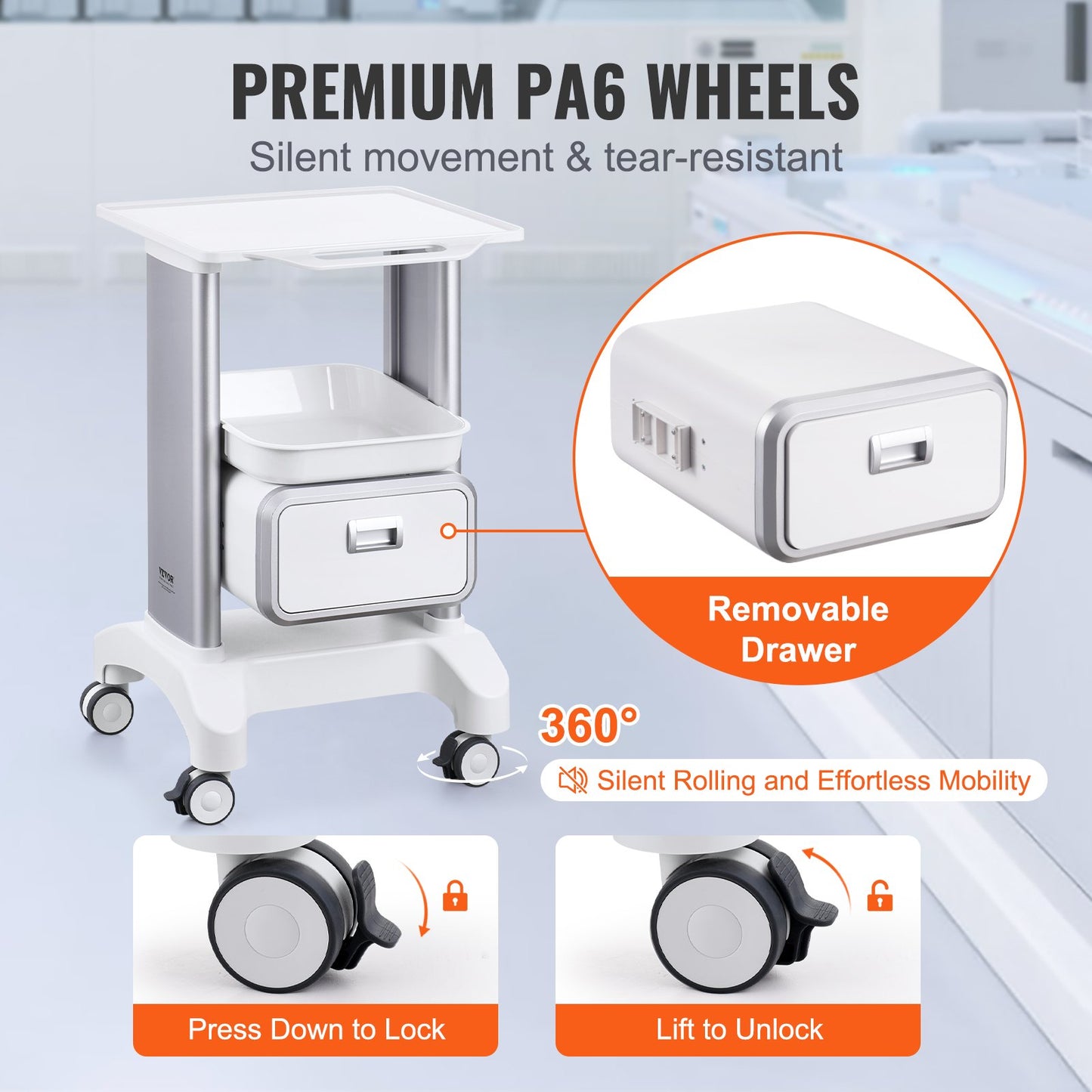 2 Tiers Lab Carts Mobil medicinsk vagn med 1 låda & 1 toppbricka Vit
