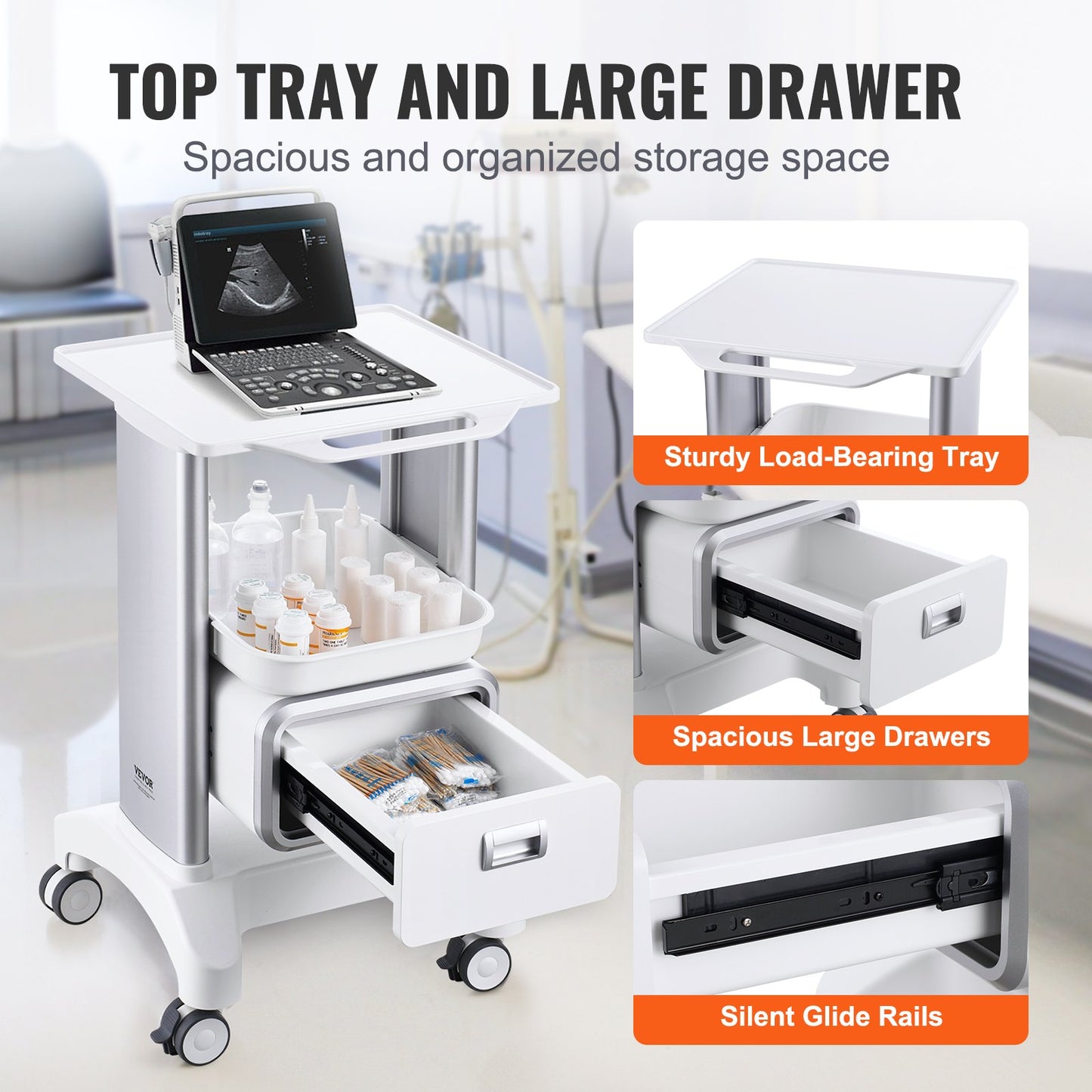2 Tiers Lab Carts Mobil medicinsk vagn med 1 låda & 1 toppbricka Vit