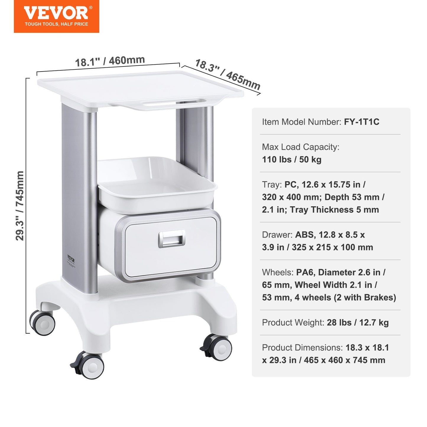 2 Tiers Lab Carts Mobil medicinsk vagn med 1 låda & 1 toppbricka Vit