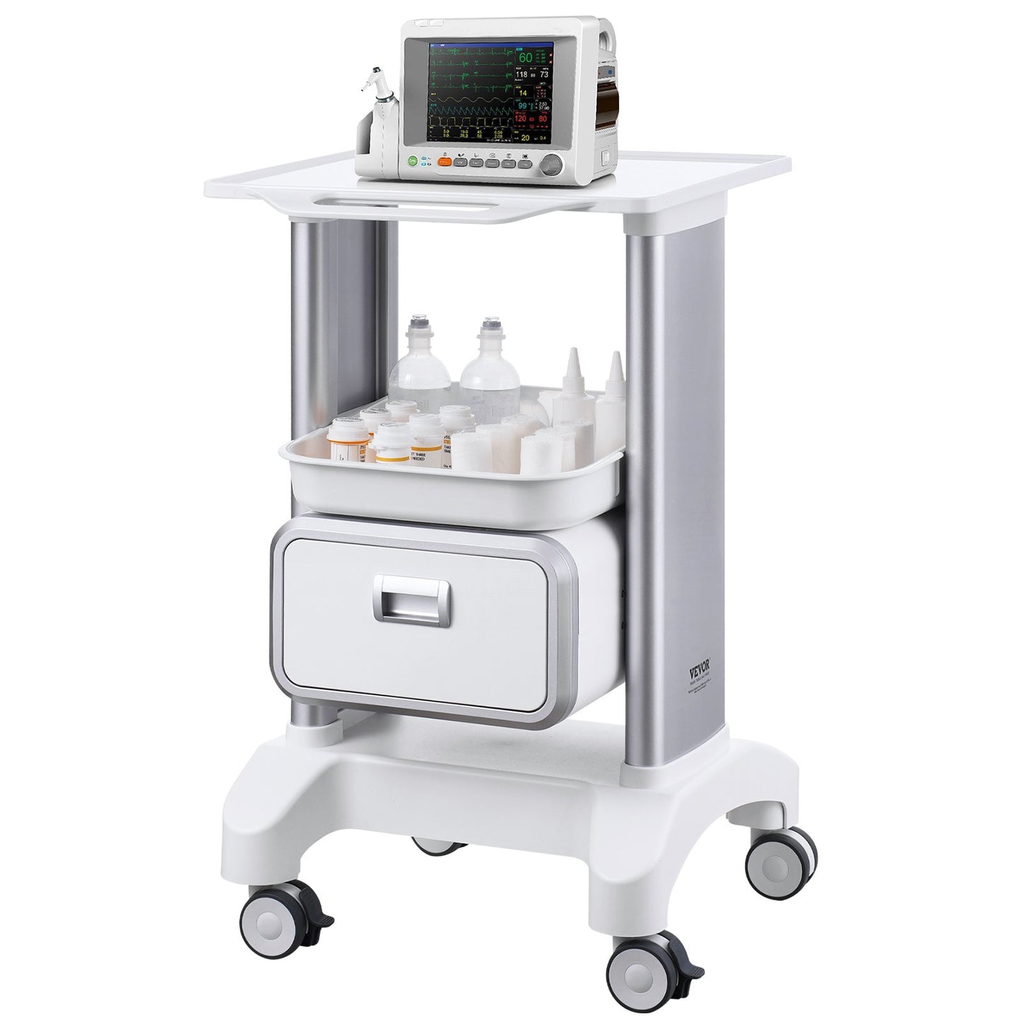 2 Tiers Lab Carts Mobil medicinsk vagn med 1 låda & 1 toppbricka Vit