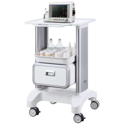 2 Tiers Lab Carts Mobil medicinsk vagn med 1 låda & 1 toppbricka Vit