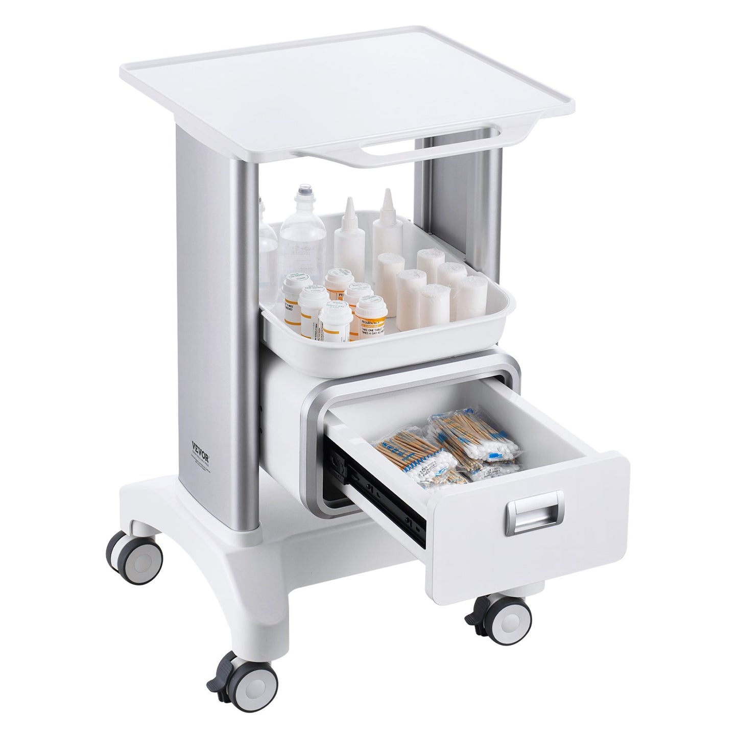 2 Tiers Lab Carts Mobil medicinsk vagn med 1 låda & 1 toppbricka Vit