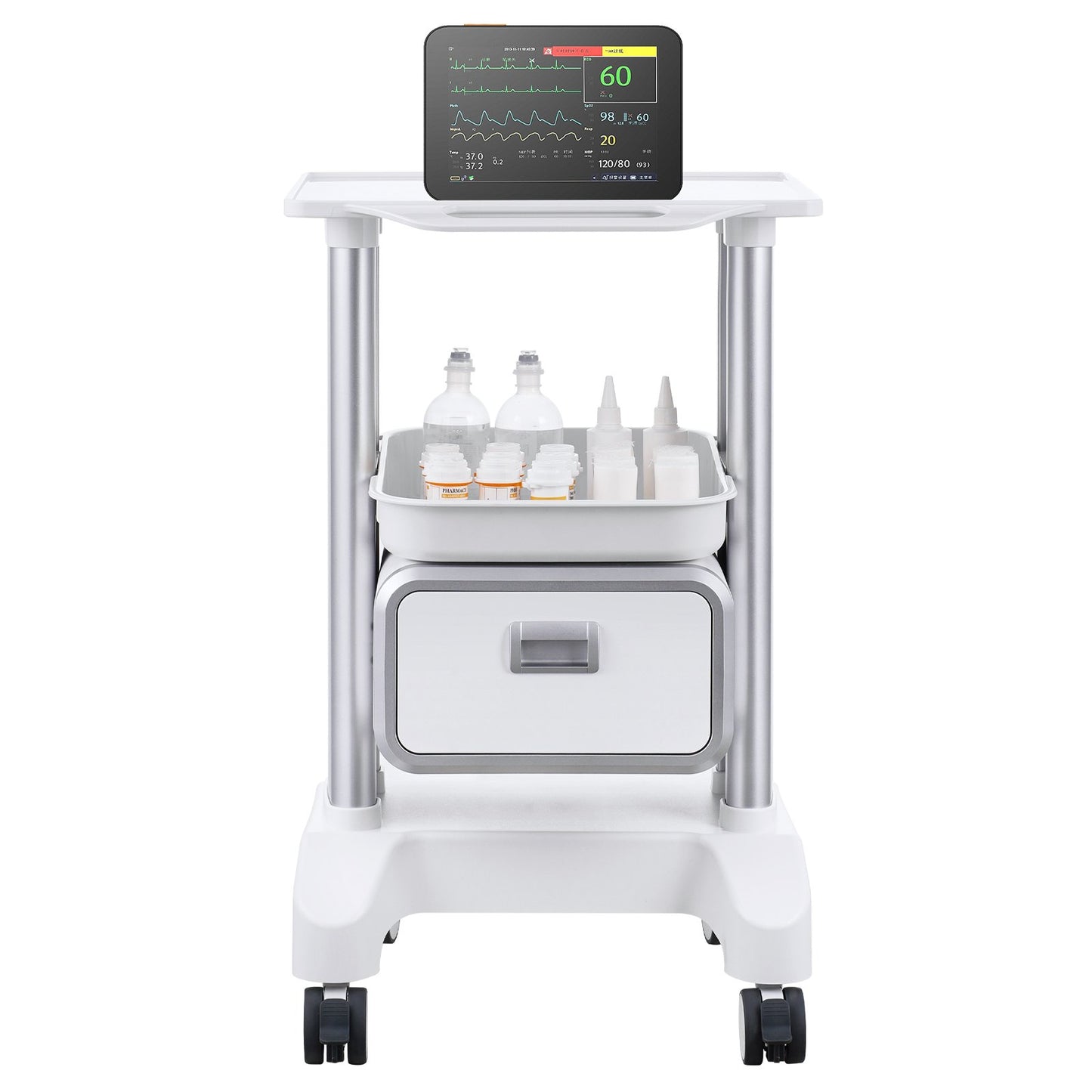 2 Tiers Lab Carts Mobil medicinsk vagn med 1 låda & 1 toppbricka Vit