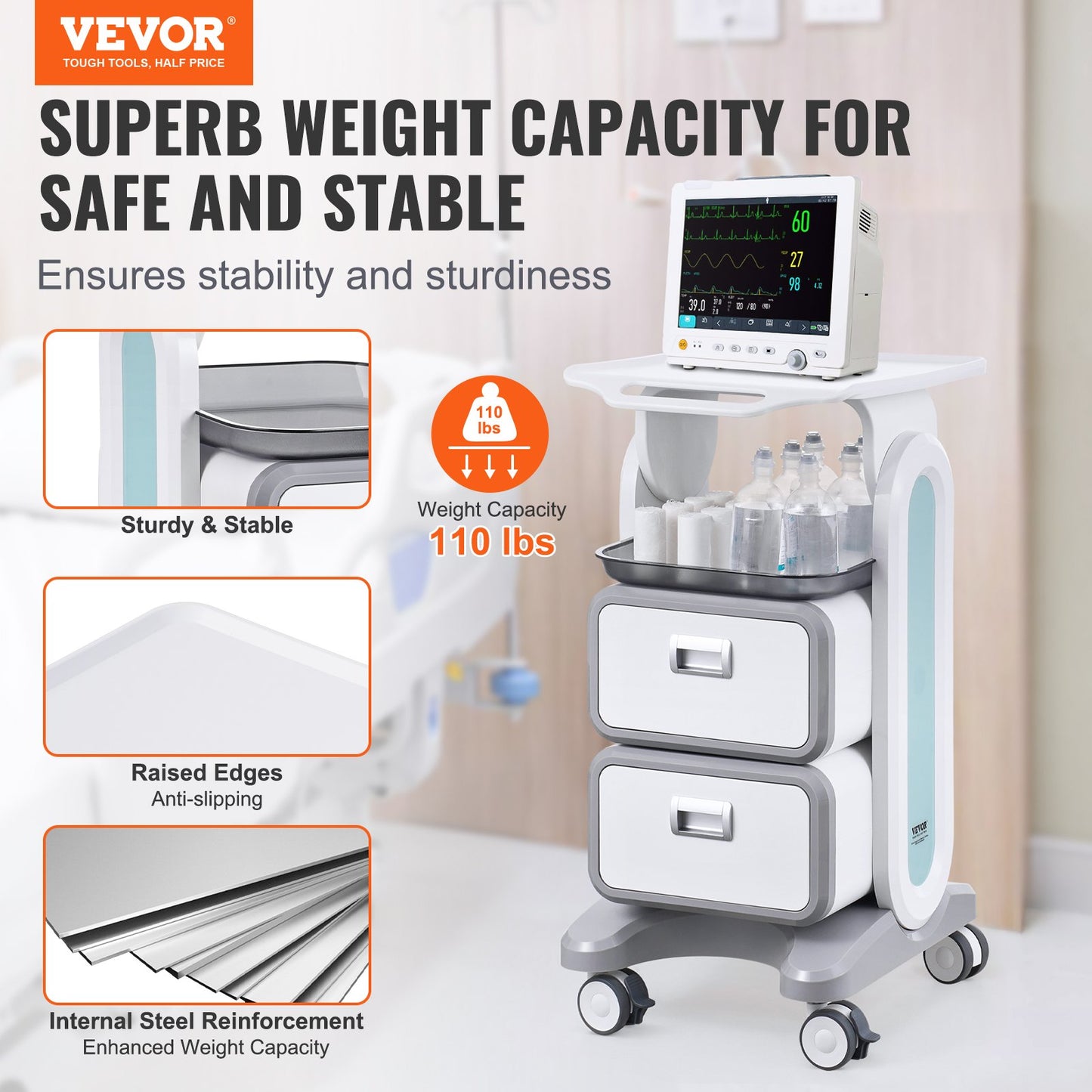 3 Tiers Lab Carts Mobile Medical Cart with 2 Drawers &amp; 1 Top Tray White