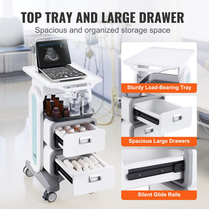 3 Tiers Lab Carts Mobile Medical Cart with 2 Drawers &amp; 1 Top Tray White