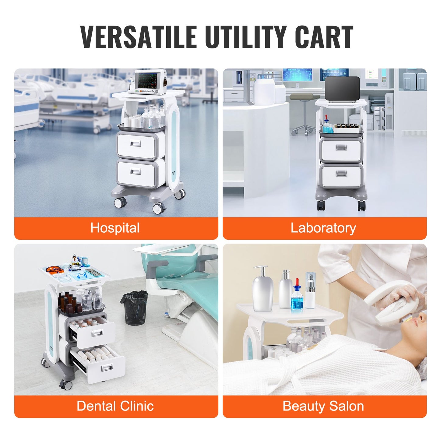3 Tiers Lab Carts Mobile Medical Cart with 2 Drawers &amp; 1 Top Tray White