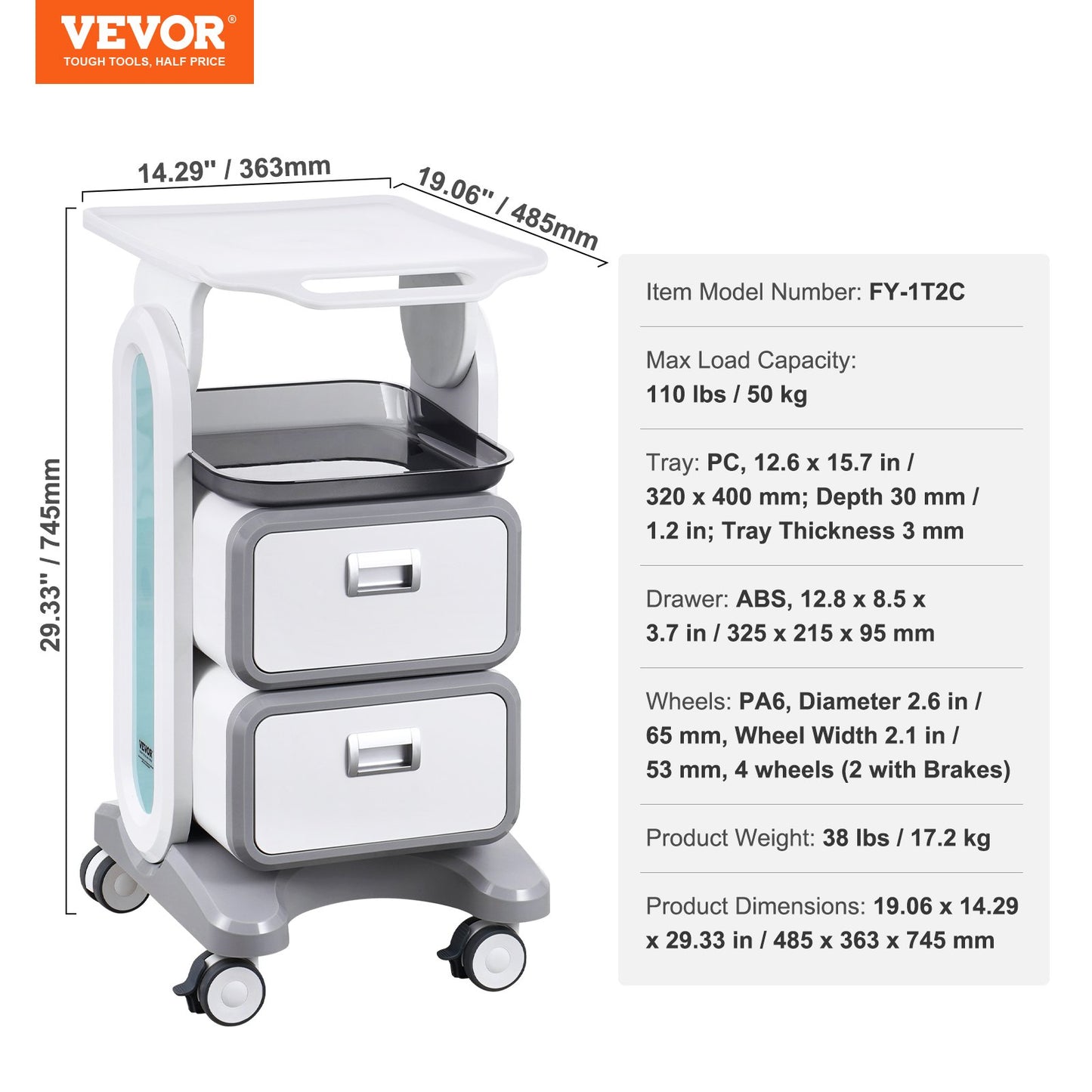 3 Tiers Lab Carts Mobile Medical Cart with 2 Drawers &amp; 1 Top Tray White