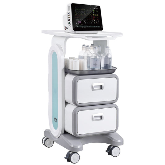 3 Tiers Lab Carts Mobile Medical Cart with 2 Drawers &amp; 1 Top Tray White