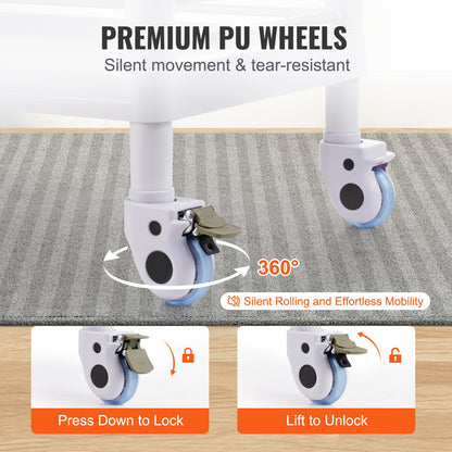 3 Tiers Lab Carts Mobil medicinsk vagn med 3 brickor & 3 papperskorgar Vita