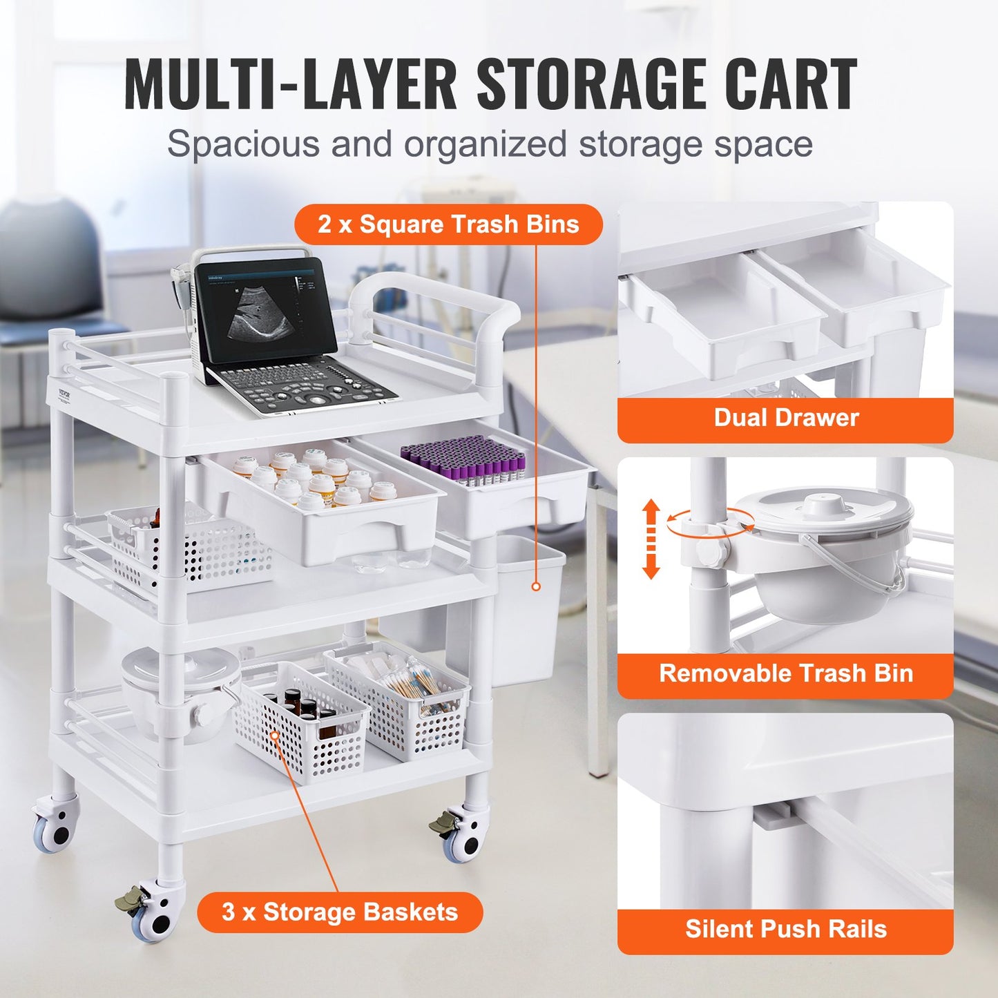 3 Tiers Lab Carts Mobil medicinsk vagn med 3 brickor & 3 papperskorgar Vita