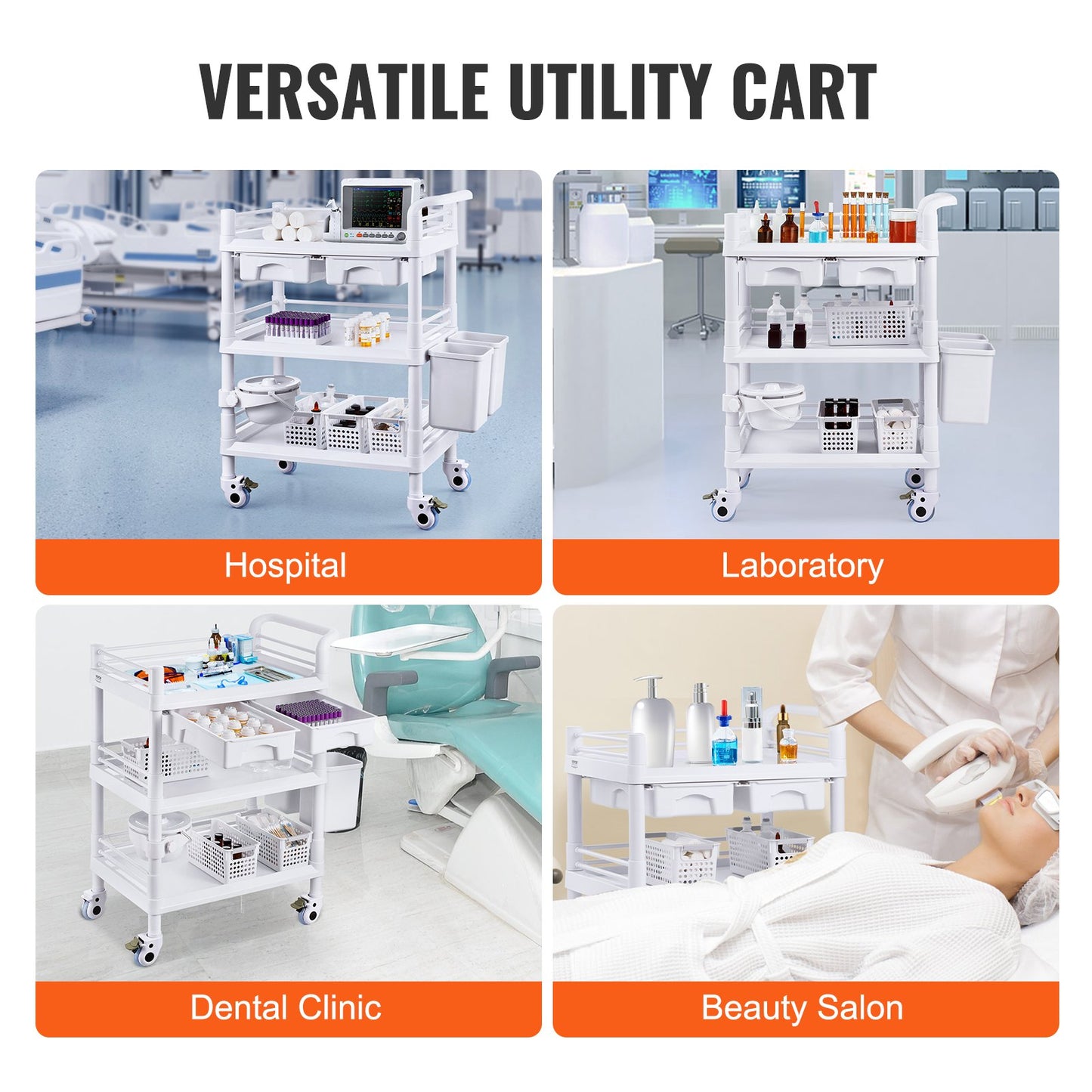 3 Tiers Lab Carts Mobil medicinsk vagn med 3 brickor & 3 papperskorgar Vita