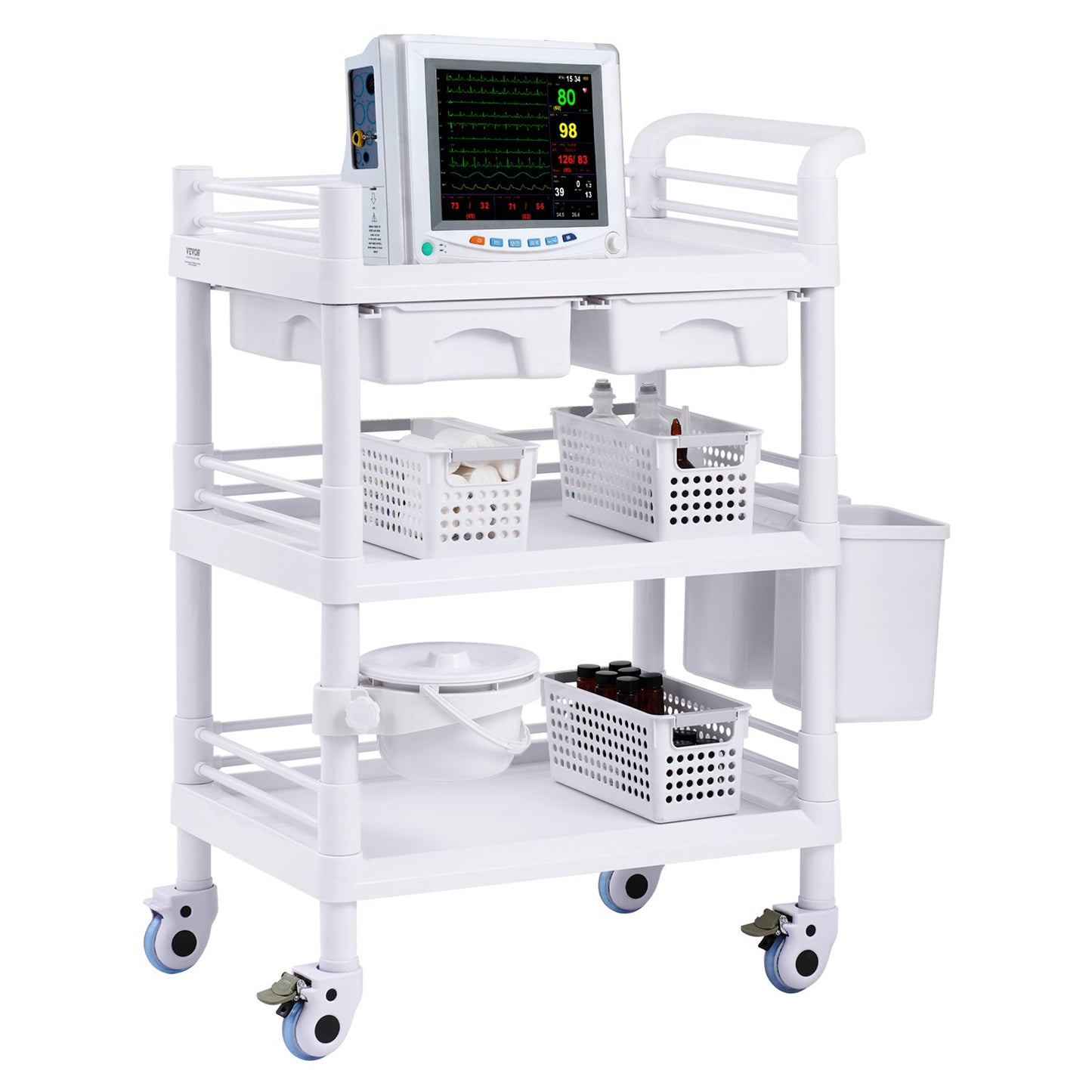 3 Tiers Lab Carts Mobil medicinsk vagn med 3 brickor & 3 papperskorgar Vita